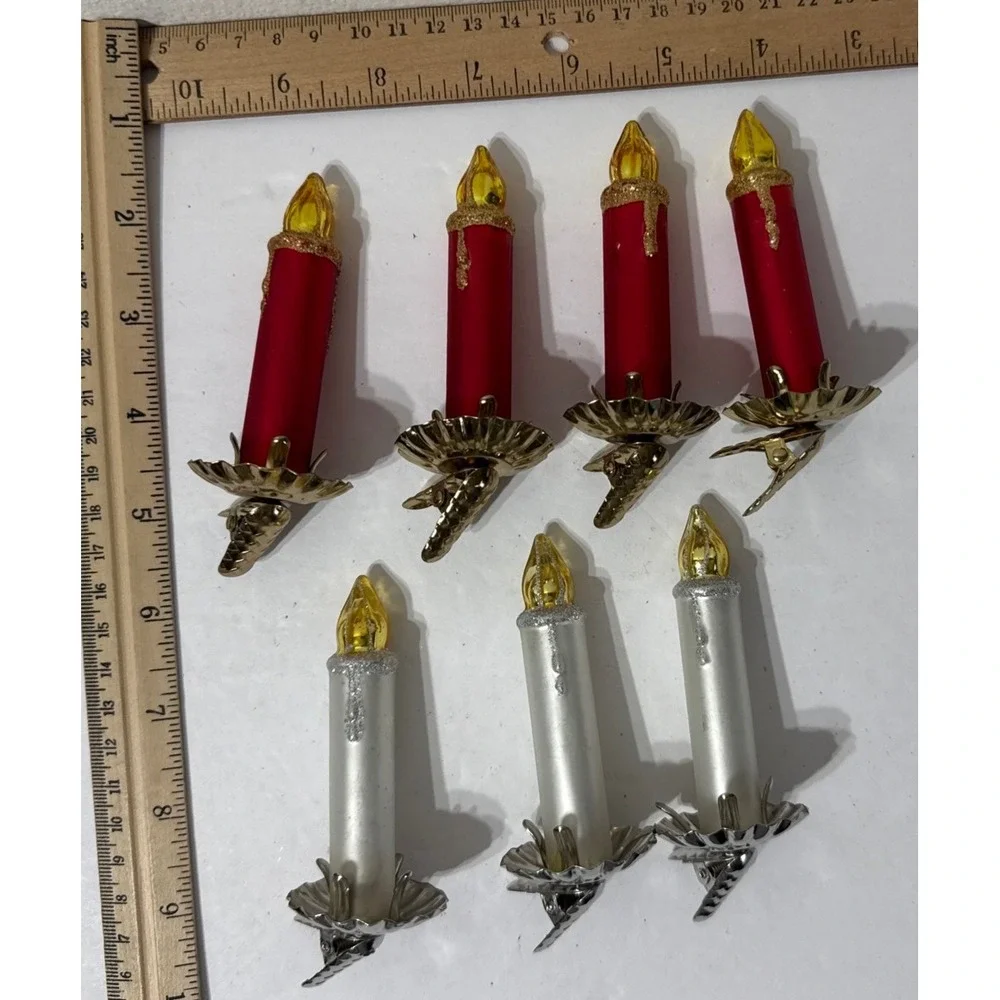 Vintage Style Glass Clip On Candle Christmas Ornaments Red White Glitter Set 7